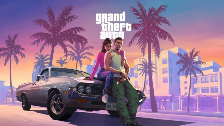 Artwork di GTA 6 con due protagonisti seduti su un’auto davanti a palme e skyline urbano al tramonto.