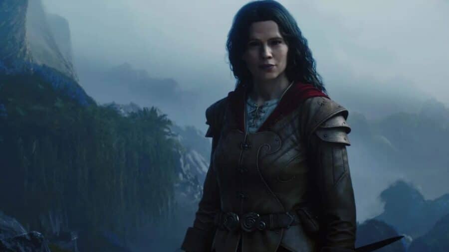 Personaggio femminile di Fable in armatura davanti a un paesaggio montano nebbioso, con atmosfera fantasy e toni cinematografici.