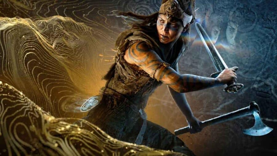 Senua impugna due armi in un artwork di Hellblade, circondata da simboli dorati, volti scolpiti e atmosfera oscura.