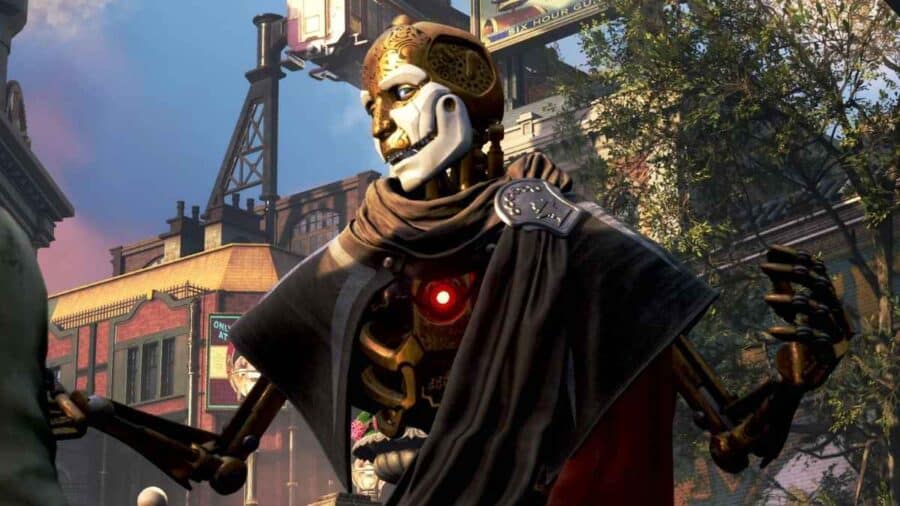 Personaggio meccanico con maschera dorata e mantello scuro in Clockwork Revolution, ambientato in una città steampunk.