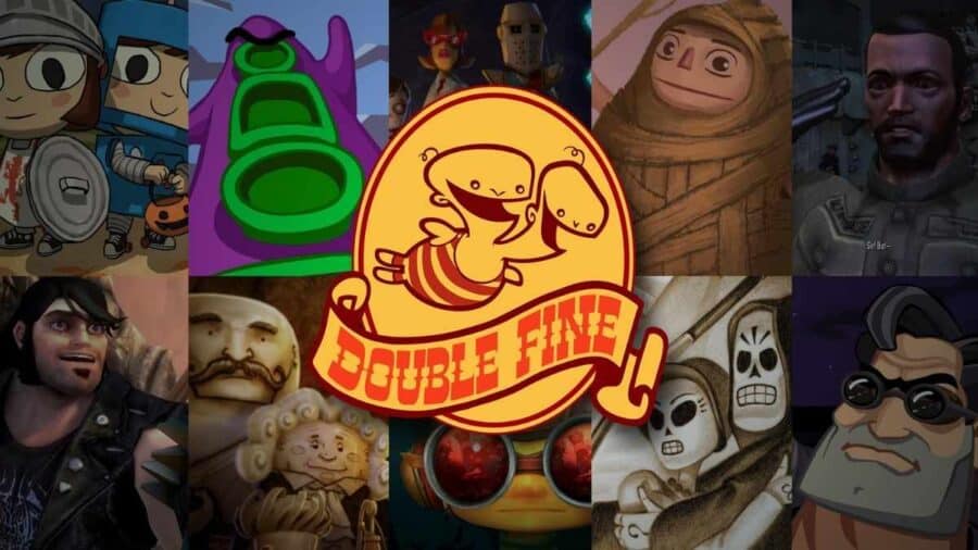 Collage dei giochi Double Fine con il logo dello studio al centro e diversi personaggi sullo sfondo.