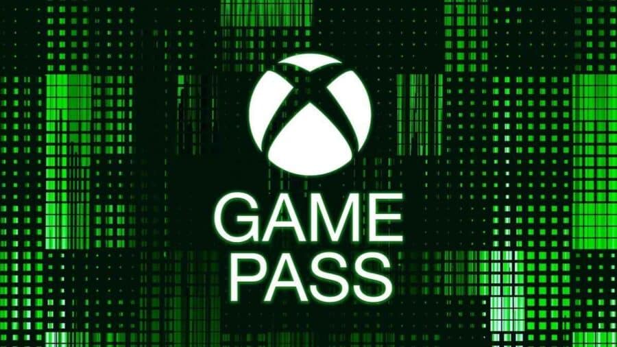 Logo Xbox Game Pass illuminato di verde su uno sfondo digitale con pattern luminosi.