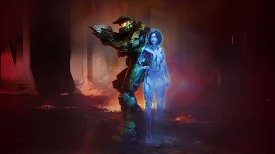 Master Chief e Cortana in un artwork di Halo, circondati da luci rosse e blu in un ambiente fantascientifico.