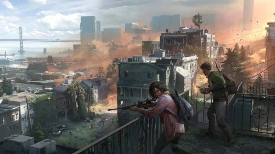 vìDue personaggi armati osservano una città in rovina da una terrazza, in una scena post-apocalittica ispirata a The Last of Us.