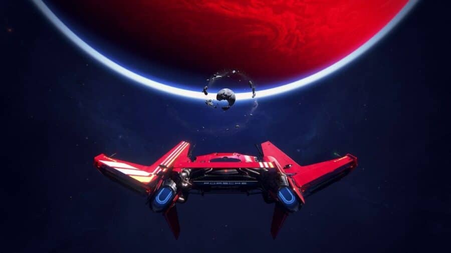 Astronave rossa nello spazio davanti a un enorme pianeta rosso, immagine promozionale di Intergalactic: The Heretic Prophet.