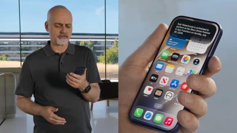 Dimostrazione di iOS 27 con una persona che usa Siri su iPhone e una schermata con widget, app e suggerimenti intelligenti.