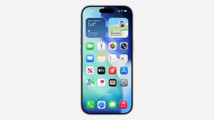 iPhone con schermata Home di iOS 27, widget in alto, Dynamic Island e icone delle app Apple su sfondo azzurro.