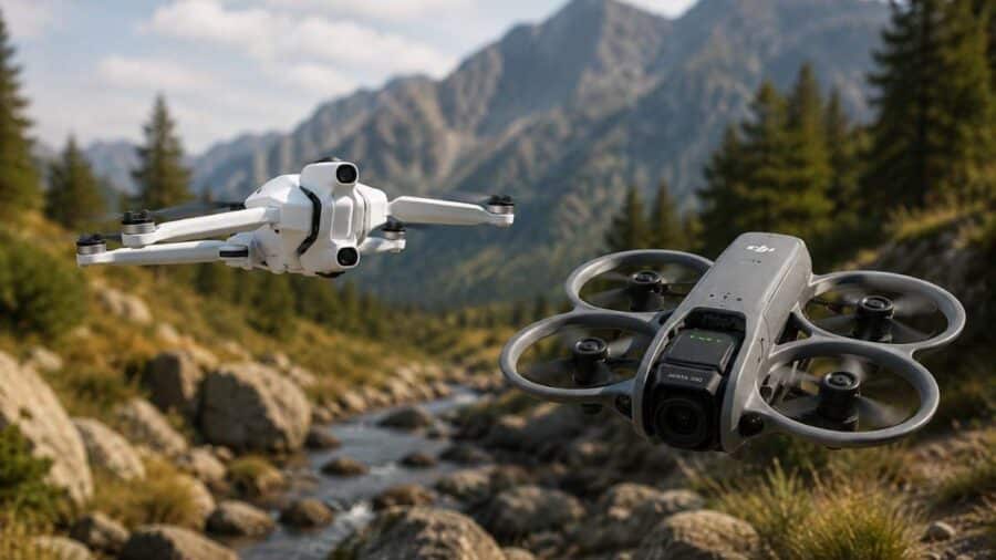 Antigravity A1 e DJI Avata 360 in volo nello stesso scenario montano, sopra un torrente e con le montagne sullo sfondo.