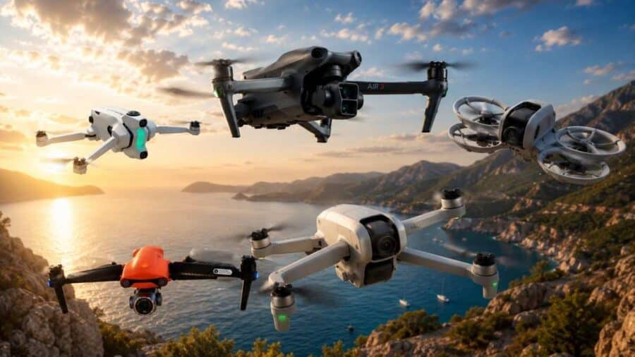 Diversi droni in volo sopra una baia costiera al tramonto, con mare, montagne e cielo dorato sullo sfondo.