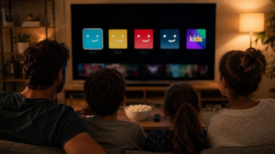 Una famiglia guarda la tv in streaming dal divano