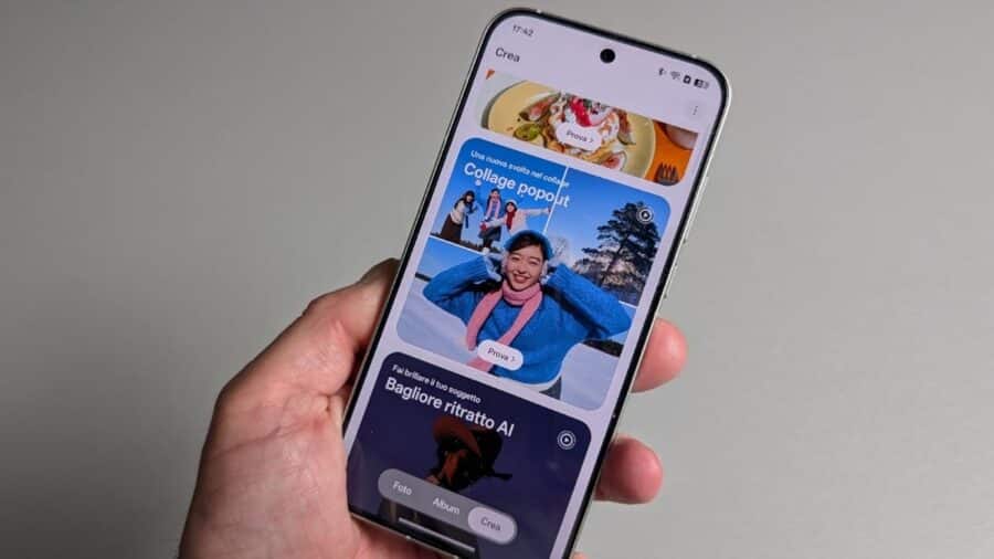 App Foto di OPPO Reno16 Pro con la sezione Crea dedicata a collage popout e ritratti AI