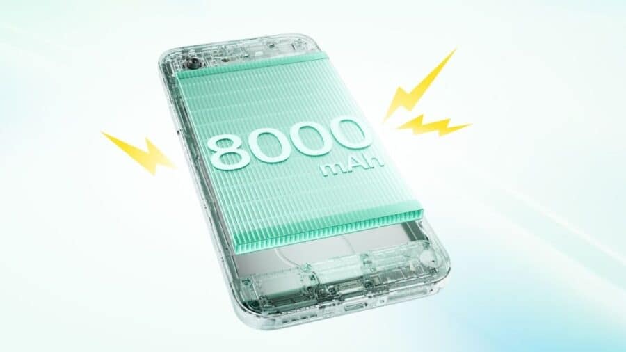 Render trasparente del OnePlus N6 che mostra la batteria interna da 8.000 mAh