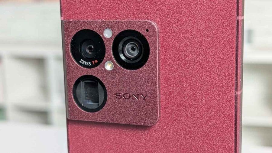 Dettaglio ravvicinato delle tre fotocamere Sony con ottiche Zeiss T*