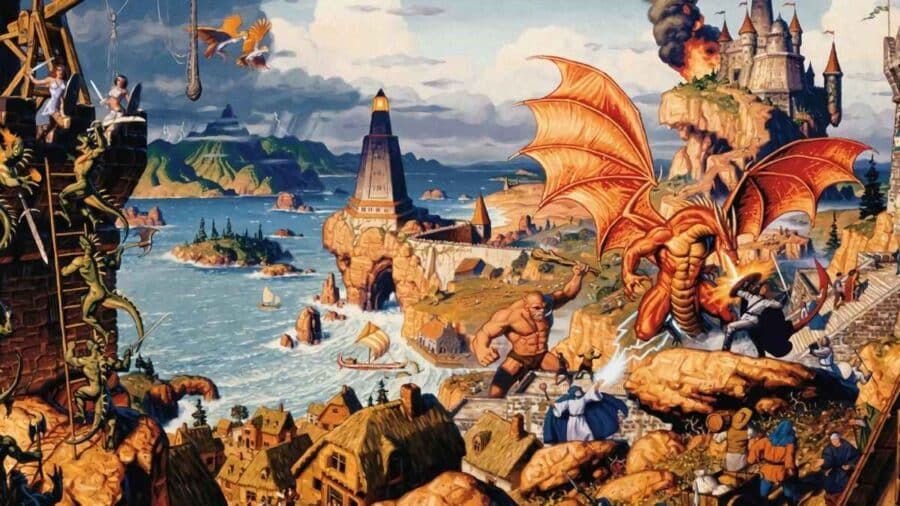 Artwork fantasy di Ultima Online con draghi, castelli, navi e creature mitologiche in un vasto mondo medievale.