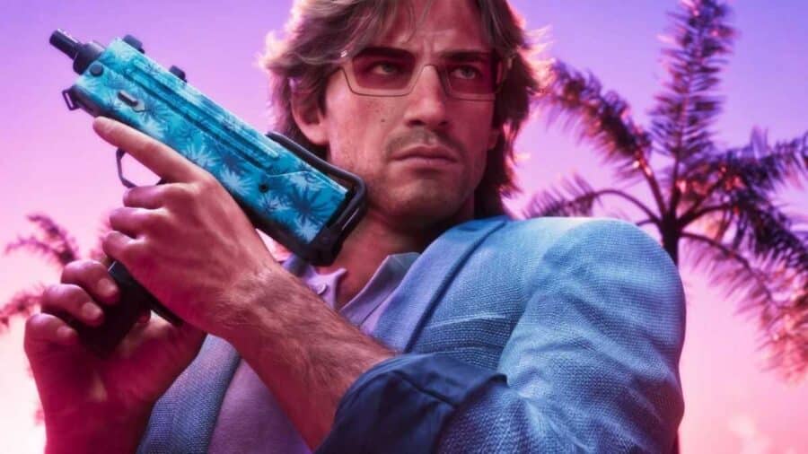 Personaggio maschile di GTA 6 con occhiali e camicia azzurra, armato, illuminato da luci rosa e viola in stile Vice City.