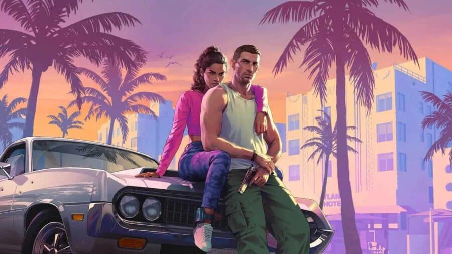 Artwork di GTA 6 con Jason e Lucia seduti sul cofano di un’auto bianca, circondati da palme e luci al tramonto.