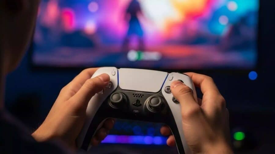 Mani che impugnano un controller DualSense di PlayStation davanti a uno schermo sfocato con luci colorate da gaming.