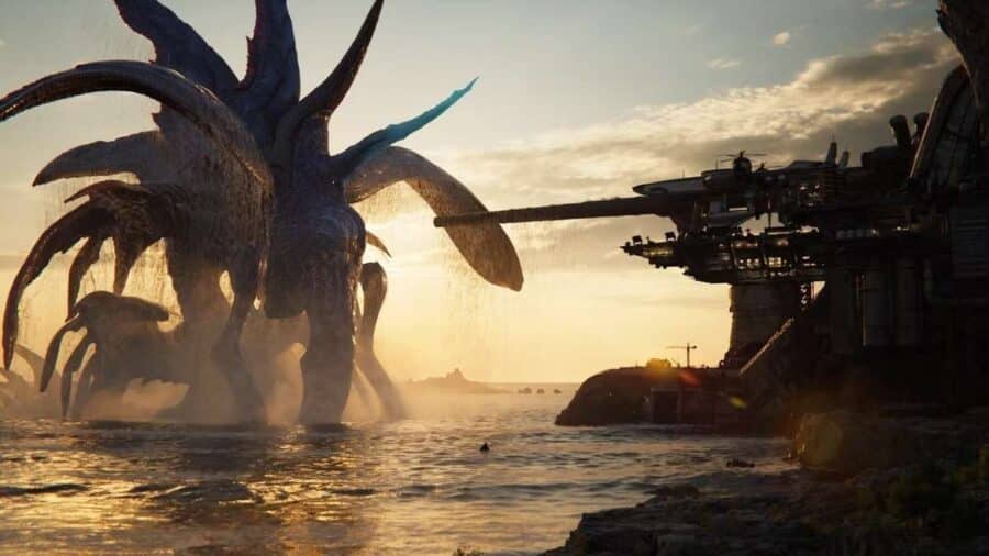 Enorme creatura aliena emerge dall’acqua al tramonto davanti a una struttura futuristica in Final Fantasy VII Revelation.