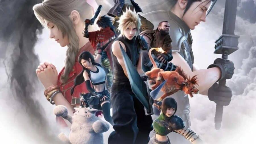Artwork promozionale di Final Fantasy VII Revelation con Cloud, Aerith, Tifa, Barret e altri personaggi principali della saga.