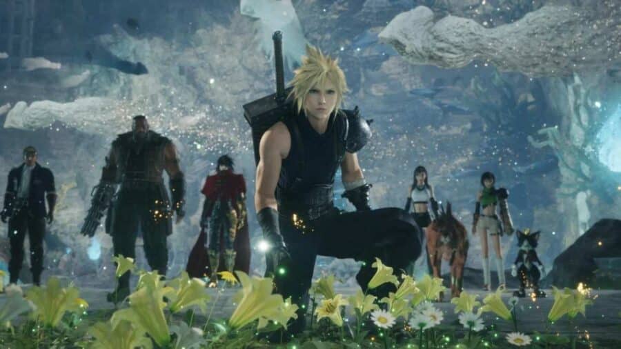 Cloud e il gruppo di protagonisti osservano un ambiente glaciale e luminoso in Final Fantasy VII Revelation.