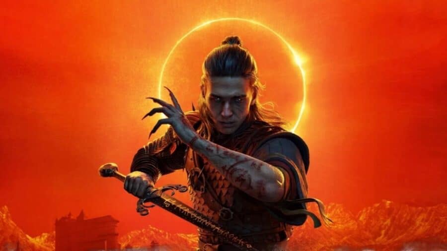 Personaggio armato di The Blood of Dawnwalker davanti a un’eclissi solare e a un cielo rosso fuoco.