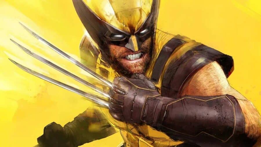 Wolverine in posa d’attacco con gli artigli sguainati su uno sfondo giallo acceso.
