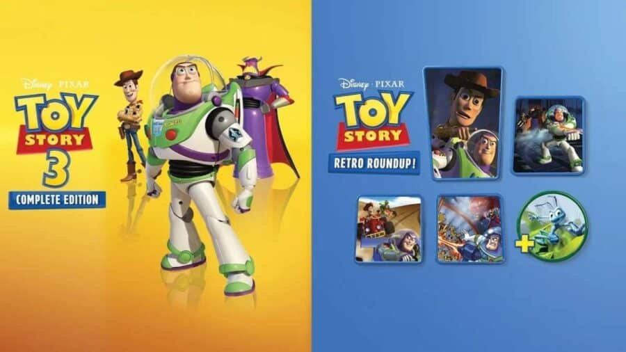Schermata promozionale di Toy Story 3 Complete Edition e Toy Story Retro Roundup con Woody, Buzz e immagini dei giochi inclusi.