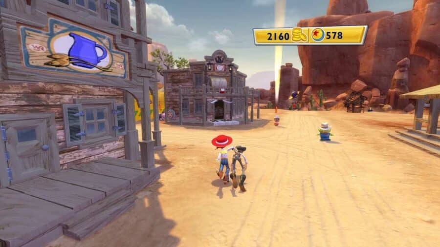 Woody e Jessie esplorano una città western nella modalità Toy Box di Toy Story 3.