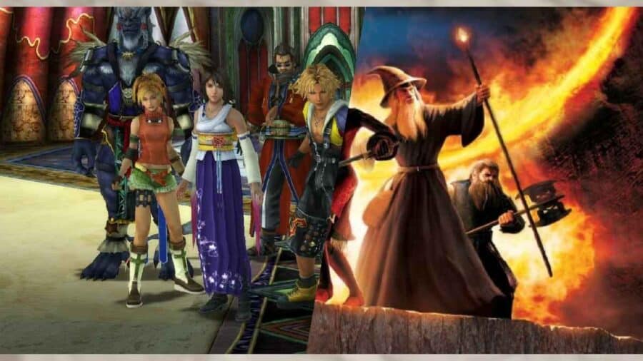 Immagine divisa a metà: a sinistra il gruppo di protagonisti di Final Fantasy X in un tempio, tra cui Tidus e Yuna, e a destra Gandalf e Gimli immersi nelle fiamme, tratti dai film de Il Signore degli Anelli.