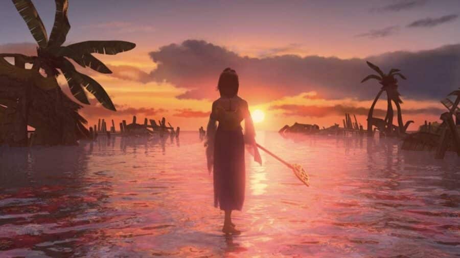 L'invocatrice Yuna, ripresa di spalle con il suo tipico bastone, si erge in acque poco profonde durante un suggestivo tramonto, circondata da rovine sommerse e palme tropicali.