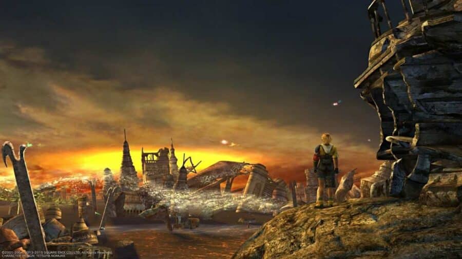 Tidus, il protagonista biondo di Final Fantasy X, osserva di spalle un vasto paesaggio in rovina punteggiato da rottami e antiche strutture sotto un cielo drammatico al tramonto.