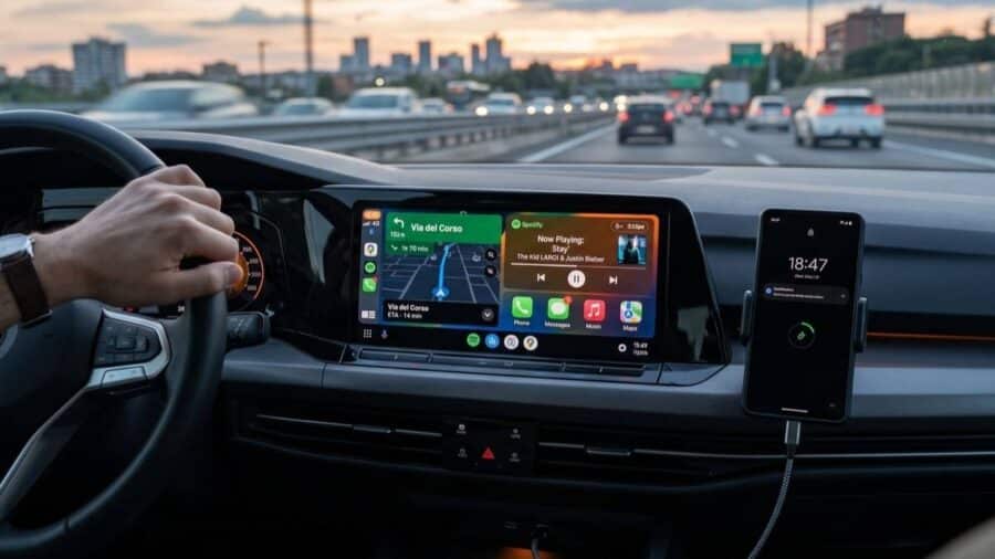 Visuale dall'abitacolo di un'auto in movimento nel traffico al tramonto. Il conducente ha le mani sul volante e al centro della plancia il display mostra Android Auto diviso a metà: a sinistra il navigatore Google Maps e a destra il lettore musicale Spotify. Uno smartphone è fissato su un supporto a destra dello schermo.