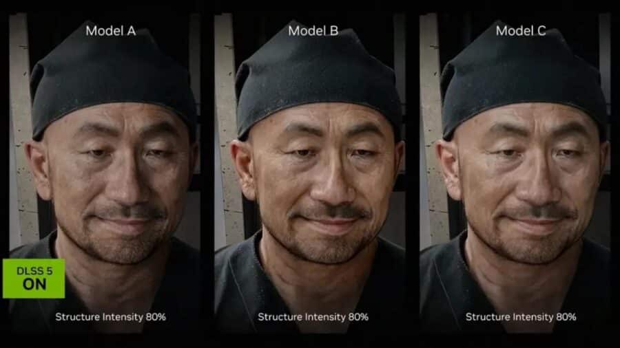 Immagine divisa in tre sezioni verticali che mettono a confronto il rendering ravvicinato del volto di un uomo. Le tre sezioni sono etichettate "Model A", "Model B" e "Model C", tutte con il parametro "Structure Intensity" impostato all'80%.