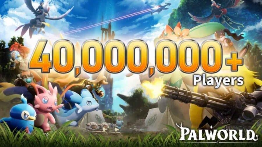 Grafica promozionale ufficiale di Palworld con la scritta a caratteri cubitali "40,000,000+ Players" al centro, circondata da vari Pal, tra cui la mascotte Grizzbolt armata di una pesante mitragliatrice Gatling.