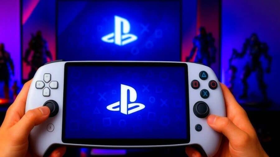 Primo piano di un dispositivo di gioco portatile con scocca bianca e il logo PlayStation illuminato al centro dello schermo, posto di fronte a una schermata blu con il logo Sony in evidenza.