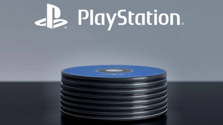 Una pila ordinata di dischi ottici con superficie blu appoggiati su un tavolo scuro, con la scritta ufficiale PlayStation e il relativo logo visibili sullo sfondo grigio