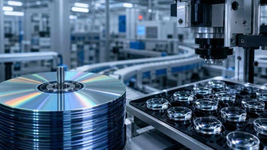 Interno di uno stabilimento industriale hi-tech: in primo piano a sinistra una pila di dischi ottici riflettenti, mentre a destra un macchinario robotico di precisione lavora su lenti trasparenti lungo un nastro trasportatore.