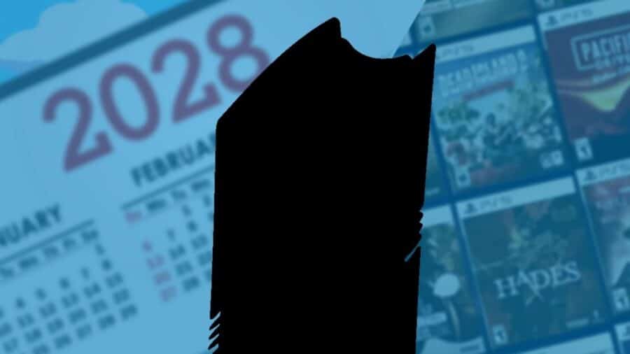 Sagoma scura di una possibile console PlayStation futura davanti a uno sfondo blu con calendario 2028 e copertine di videogiochi digitali.
