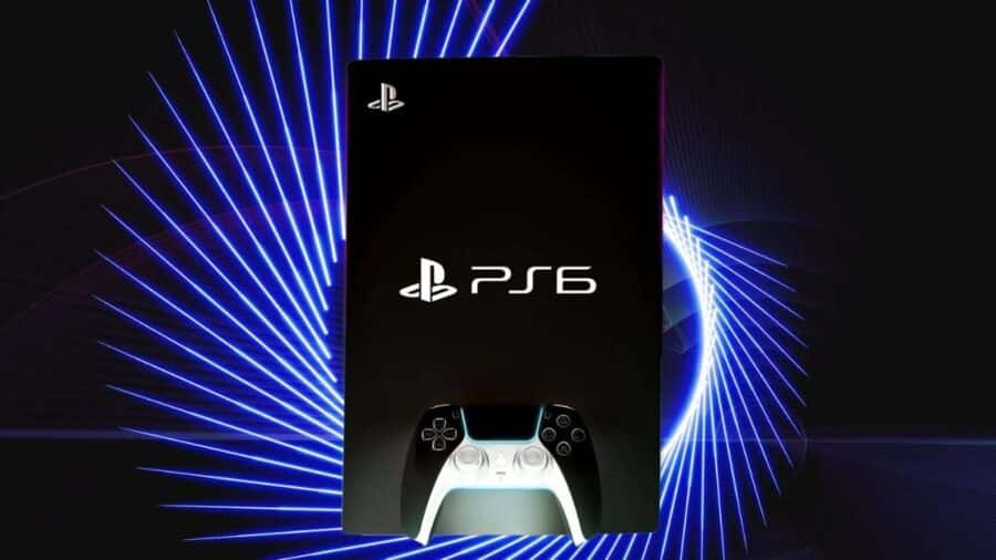 Concept grafico di PlayStation 6 con controller DualSense davanti a uno sfondo futuristico illuminato da fasci di luce blu.