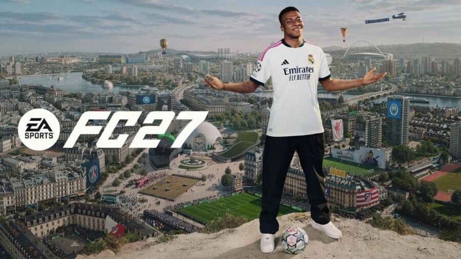 Immagine promozionale del videogioco EA Sports FC 27 con il calciatore Kylian Mbappé, in maglia bianca del Real Madrid, che posa a braccia aperte sopra un paesaggio urbano surreale ricco di stadi e campi da calcio.