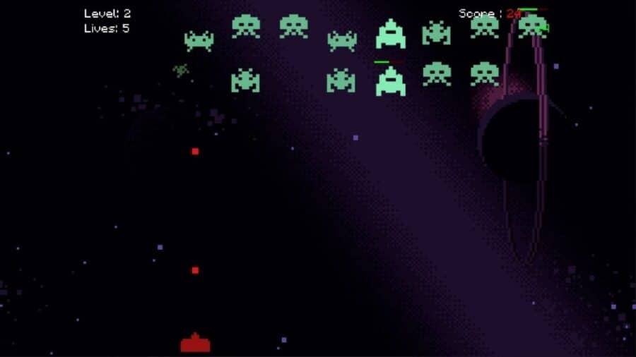 Schermata di gioco di Space Invaders in stile retrò con alieni verdi luminescenti su sfondo viola scuro spaziale, mentre un cannone rosso spara dal basso.