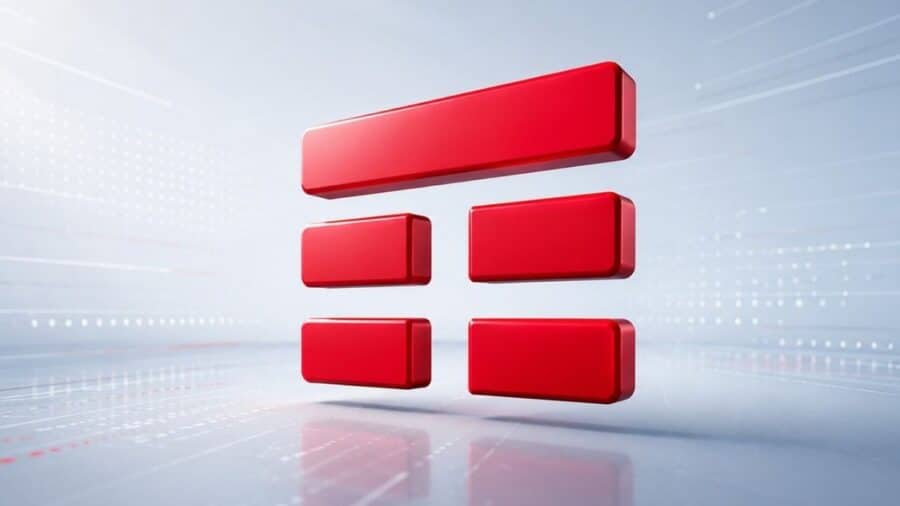 Render 3D del logo rosso di TIM, formato dalle classiche barre orizzontali, sospeso su uno sfondo chiaro e futuristico attraversato da linee digitali luminose.