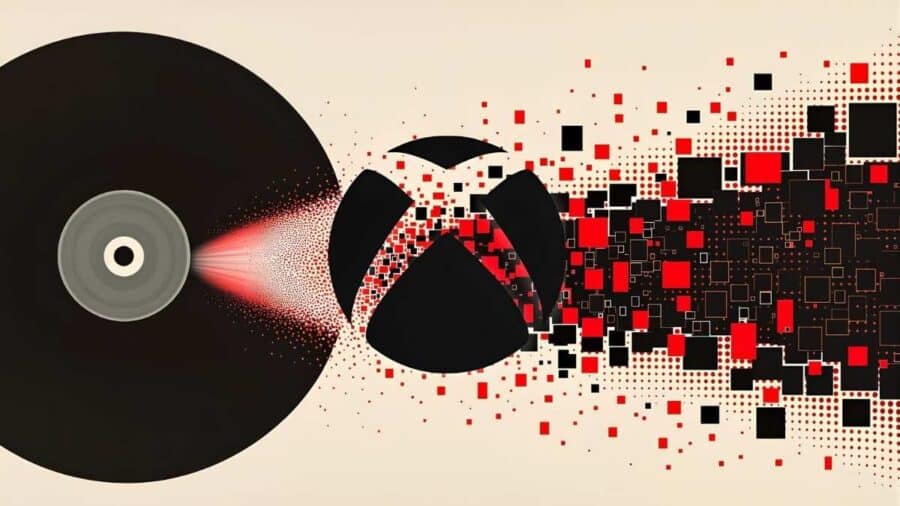 Illustrazione concettuale che rappresenta la transizione dal fisico al digitale, con un disco nero che si frammenta in pixel e flussi di dati rossi e neri verso il logo Xbox.