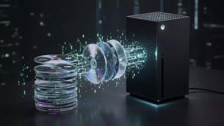 Render 3D concettuale di una console Xbox Series X che assorbe una pila di dischi fisici fluttuanti, trasformandoli in flussi luminosi di dati digitali.