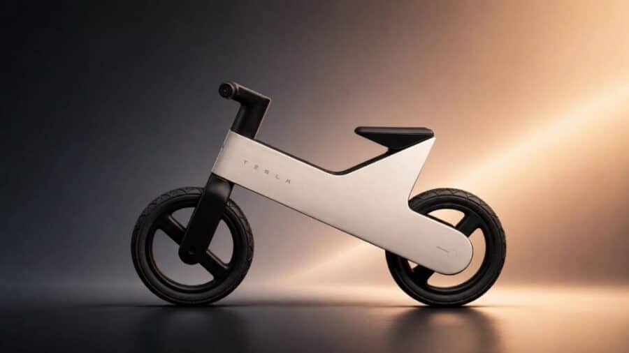 Profilo laterale della nuova balance bike di Tesla, caratterizzata da un design minimale, ruote nere, assenza di pedali e un massiccio telaio in magnesio di colore bianco con inciso il nome del brand.