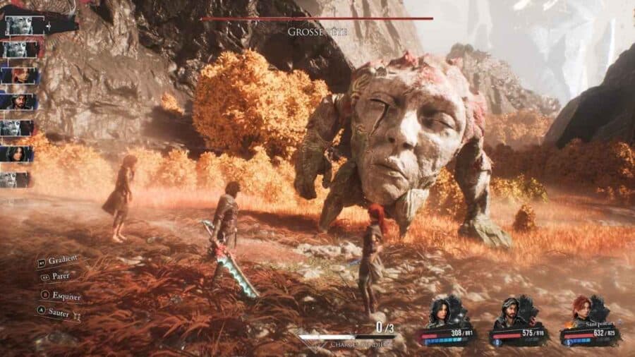 Schermata di gioco in terza persona di Clair Obscur: Expedition 33, che mostra un party di personaggi pronti ad affrontare un gigantesco boss a forma di testa di pietra scolpita, immersi in un suggestivo paesaggio autunnale.