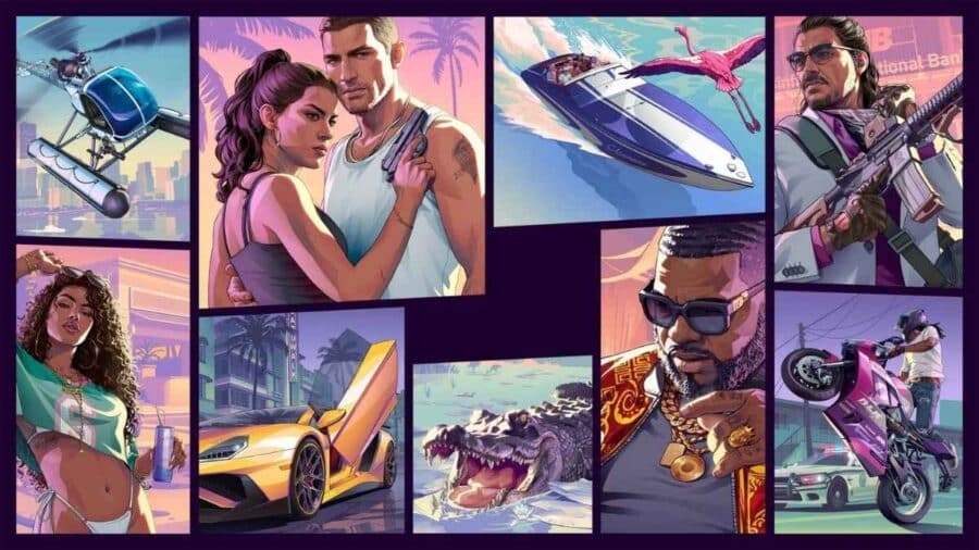 Classico collage in stile copertina della saga di Grand Theft Auto, che raggruppa diverse illustrazioni di GTA 6: i protagonisti armati, motoscafi, un alligatore con le fauci spalancate, auto sportive e moto da cross.