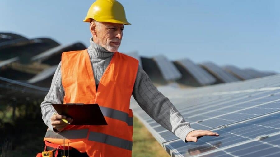 Tecnico specializzato con caschetto giallo e giubbotto catarifrangente arancione che ispeziona un pannello solare all'interno di un grande parco fotovoltaico, tenendo in mano una cartelletta.