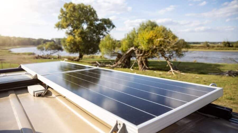 Pannelli solari fotovoltaici installati orizzontalmente sul tetto metallico di un camper o furgone, parcheggiato in un ambiente naturale vicino a un fiume alberato.