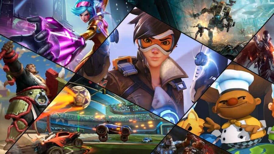 Collage di videogiochi multiplayer e live service con personaggi e scene da titoli online popolari, tra cui hero shooter, giochi sportivi e battle royale.